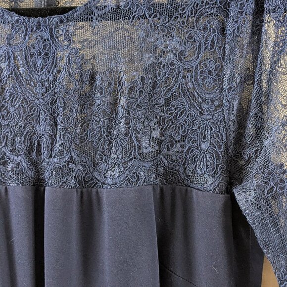 David Meister Full Length Long Sleeve Lace and Jersey Navy Gown  14 - Picture 9 of 11